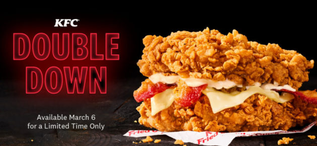 KFC 限時迴歸 Double Down Sandwich 雙面炸雞堡 還有全新的 Bacon & Cheese Chicken Sandwich 培根芝士炸雞堡
